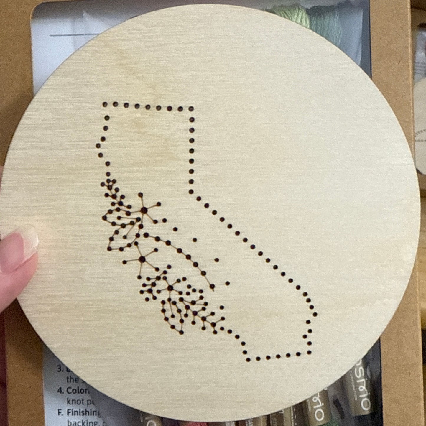 Wooden embroidery disk with a pre-patterned design of California. Packaging, embroidery floss, and instructions in the background.