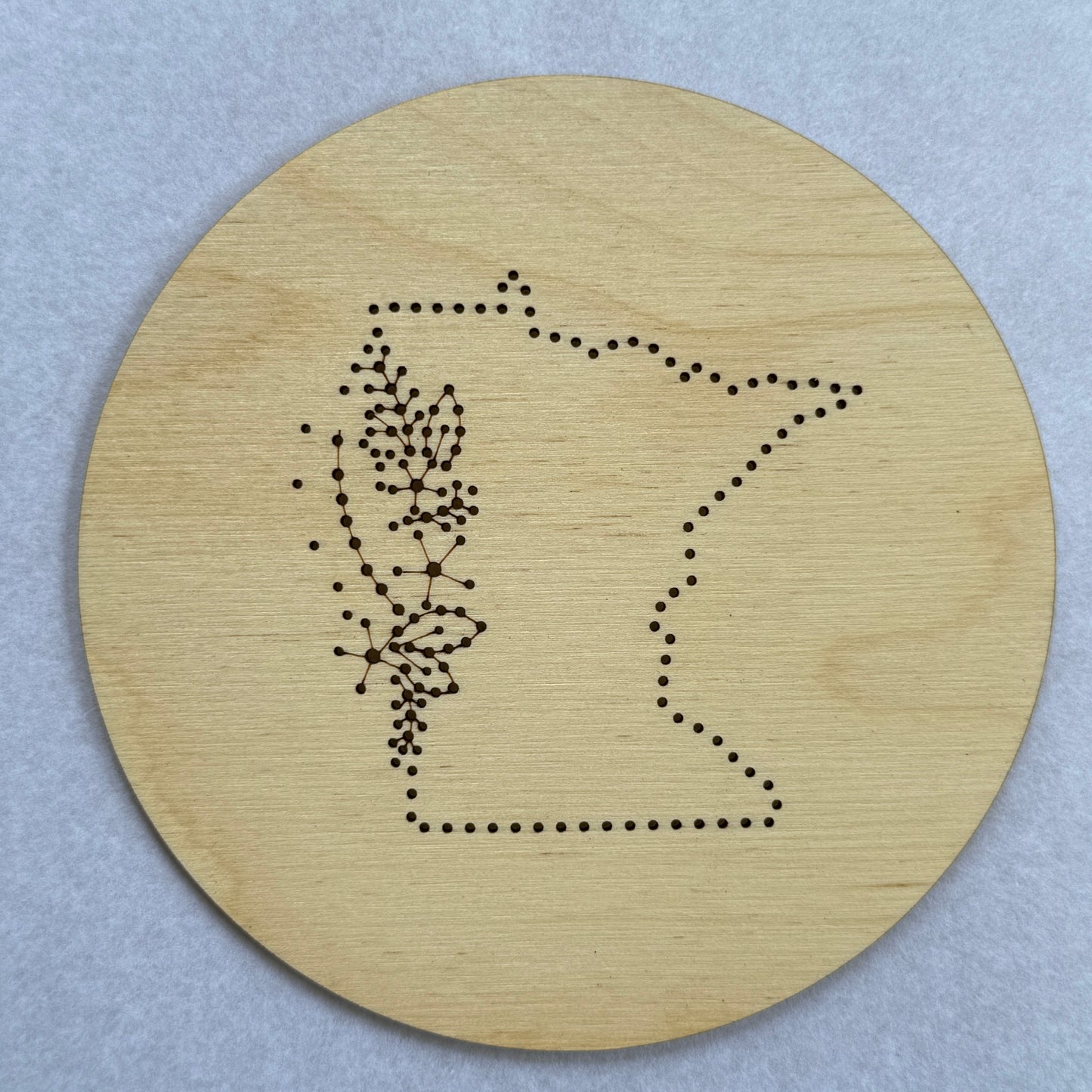 Wooden embroidery disk with a pre-patterned design of Michigan. 