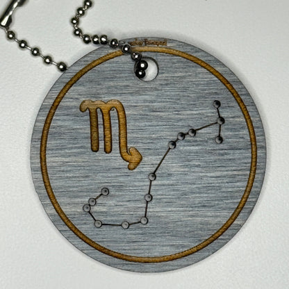 Circular pendant with astrological symbol & stars on a blue wood, set against a white background